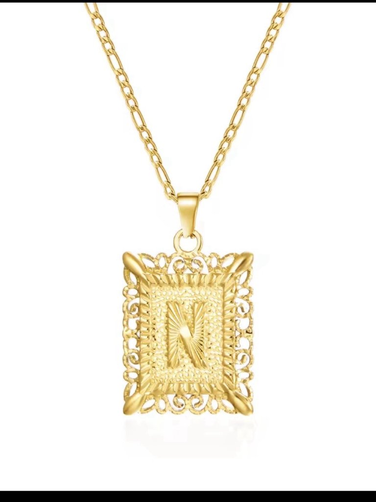 Gold Rectangle Pendant Necklace Metal Letter N Alphabet Yellow Chain Jewelry